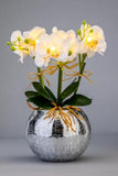 White Orchid LED Flower - Round Mosaic Mirror Vase O-001W