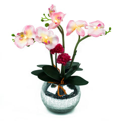 Pink Orchid LED Flower in Round Mosaic Mirror Vase - O-013PK