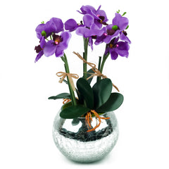 Purple Orchid LED Flower - Round Mosaic Mirror Vase O-001P