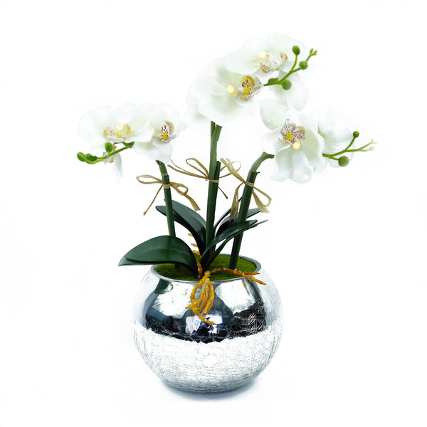 White Orchid LED Flower - Round Mosaic Mirror Vase O-001W